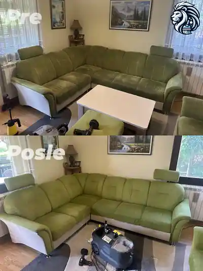 Dubinsko pranje zelene ugaone garniture posle tretmana u Beogradu