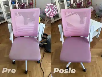 Dubinsko pranje roze kancelarijske stolice pre i posle pranja u Beogradu