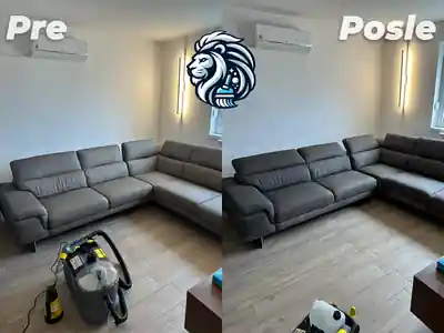 Dubinsko pranje sive ugaone garniture pre i posle pranja u Beogradu
