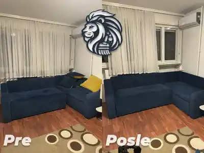 Dubinsko pranje plave ugaone garniture pre i posle pranja u Beogradu
