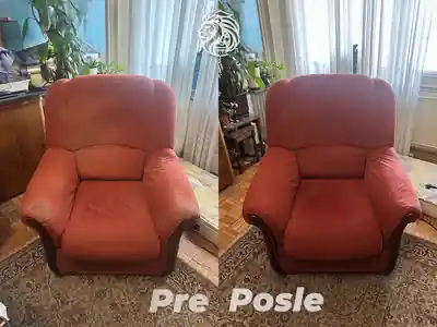 Dubinsko pranje crvene fotelje pre i posle pranja u Beogradu