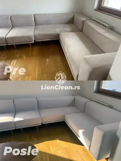 Dubinsko pranje sive ugaone garniture pre i posle pranja u Beogradu