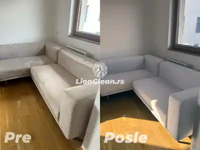 Dubinsko pranje sive ugaone garniture pre i posle tretmana u Beogradu