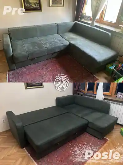 Dubinsko pranje zelene ugaone garniture pre i posle pranja u Beogradu