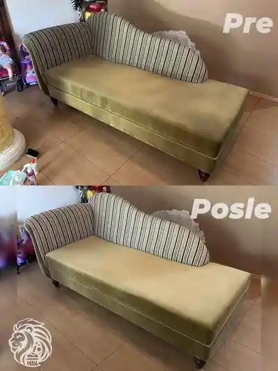 Zeleni kanabe sa prugastim naslonom pre i posle dubinskog pranja u Beogradu