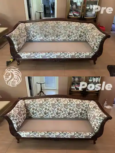 Starinska sofa sa cvetnim dezenom pre i posle dubinskog pranja u Beogradu