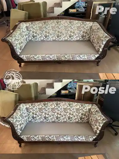 Starinska sofa sa cvetnim dezenom pre i posle dubinskog pranja iz drugog ugla u Beogradu