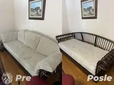Dubinsko pranje drvene ugaone garniture sa svetlim jastucima pre i posle pranja u Beogradu
