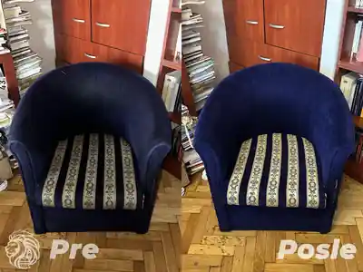 Dubinsko pranje plave fotelje pre i posle dubinskog pranja u Beogradu