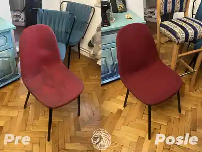 Dubinsko pranje crvene stolice pre i posle dubinskog pranja u Beogradu
