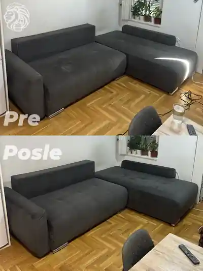 Dubinsko pranje tamnosive ugaone garniture pre i posle dubinskog pranja u Beogradu