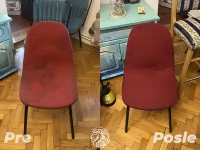Dubinsko pranje crvene stolice pre i posle dubinskog pranja izbliza u Beogradu