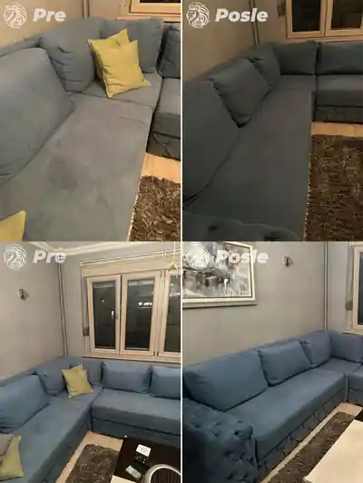 Dubinsko pranje plave ugaone garniture pre i posle pranja u Beogradu