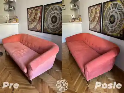 Roze trosed sa zaobljenim rukonaslonima pre i posle dubinskog pranja