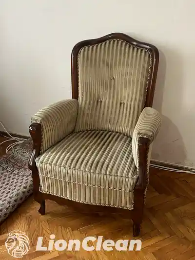 Stilska fotelja sa prugastom presvlakom i tamnim drvenim okvirom