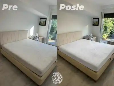 Bracni dusek na svetlom tapaciranom krevetu pre i posle dubinskog pranja
