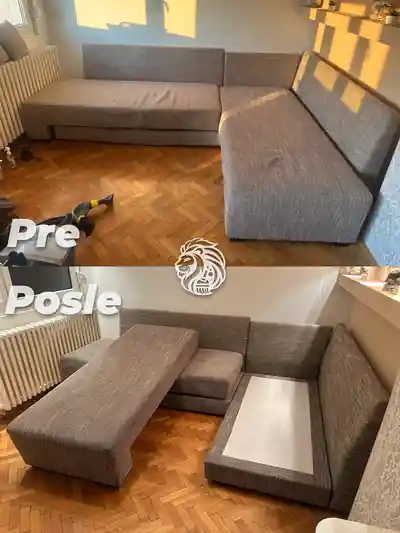 Siva ugaona garnitura pre i posle dubinskog pranja, sa skinutim sedalnim delom na donjoj fotografiji