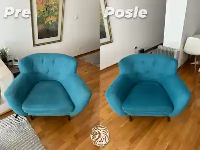 Tirkizna fotelja sa zaobljenim prosivenim naslonom pre i posle dubinskog pranja