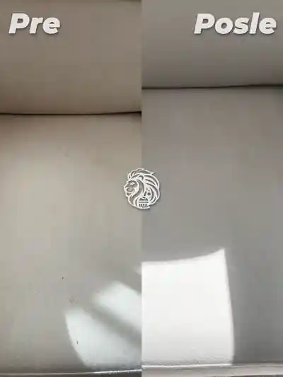Sediste i donji deo naslona svetlosive fotelje pre i posle dubinskog pranja, prikaz izbliza