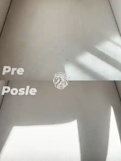 Sitne fleke na svetlosivom sedistu fotelje pre i posle dubinskog pranja