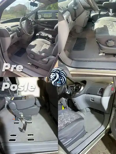 Kolaz prednjih sedista i poda automobila pre i posle dubinskog pranja, sa prikazom prostora ispod uklonjenih zadnjih sedista